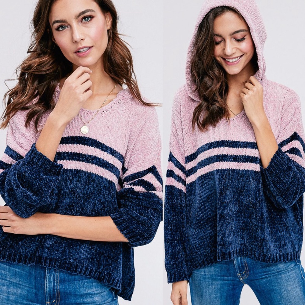 VASSIE Color Block Hoodie Top - NAVY - Picture 2 of 4